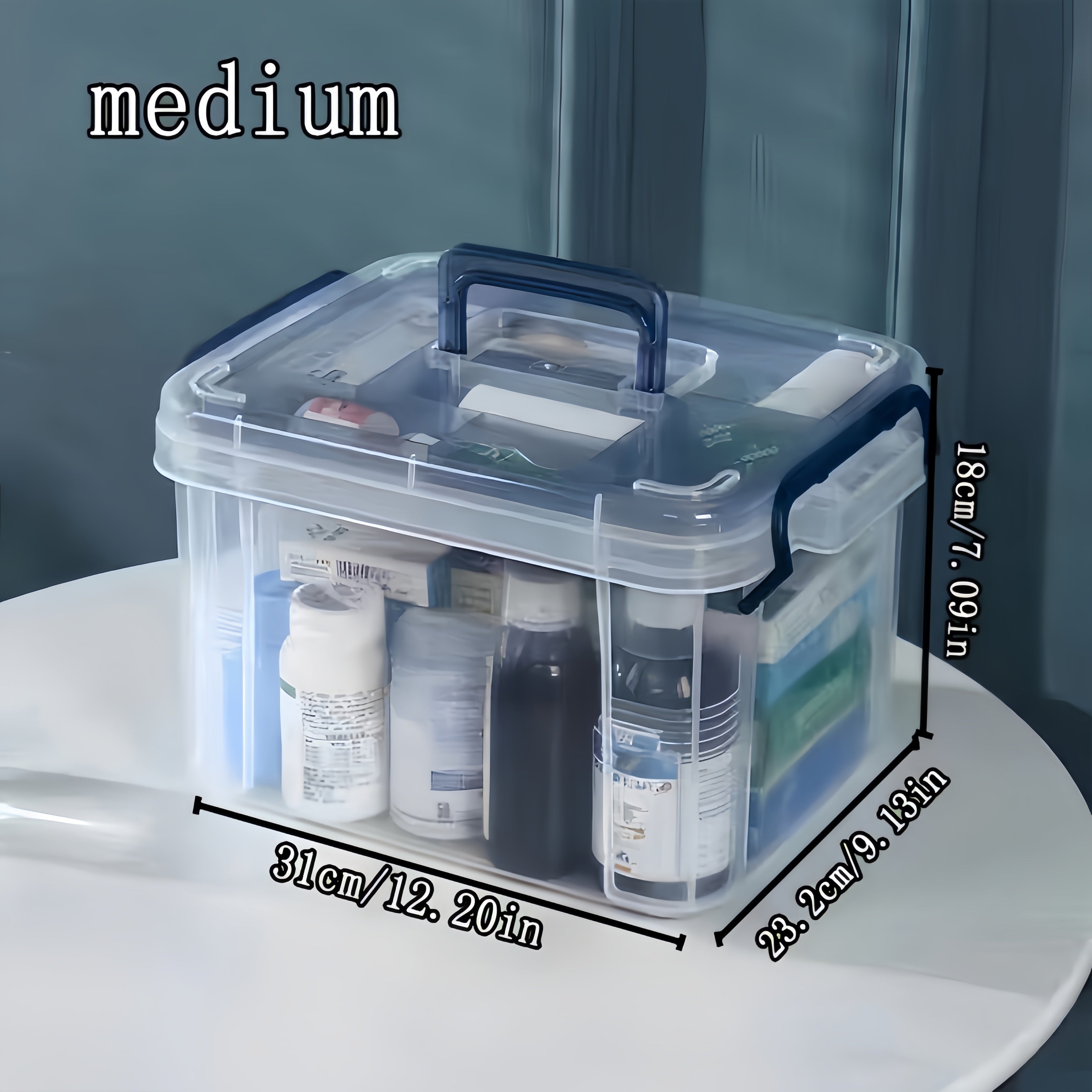 Toza suv o'tkazmaydigan plastmassa saqlash qutisi kvadrat klip bilan yopiladigan qopqoq bilan uy xo'jaligi uchun dorilarni tashkil etish