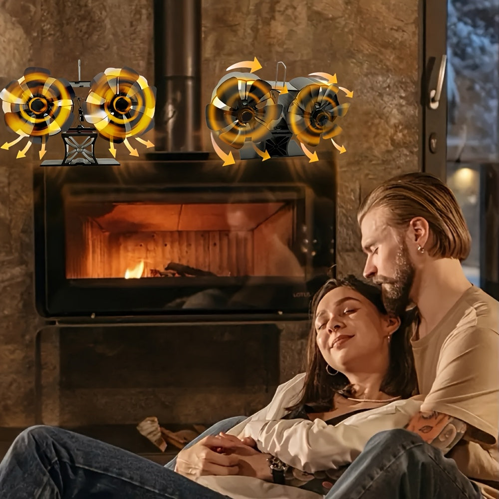 Portativ Ikki Boshli 12-Pichoqli Pechka Ventilyatori - Batareyalar Kerak Emas, Yog'och va Gaz Pechlarida Samarali Issiqlik Taqsimoti uchun Termoelektrik Texnologiya, Alyuminiydan Yasalgan