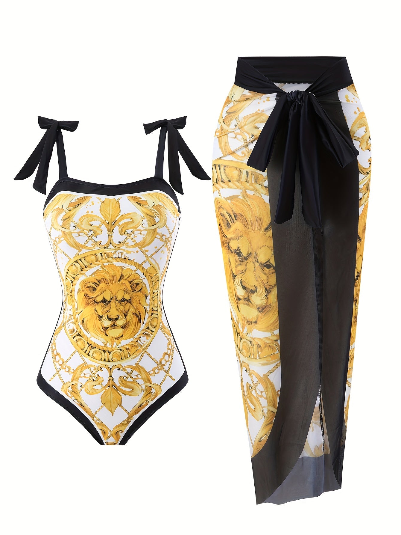 Golden Tone Lion Print Two-Piece Swimsuit with Bowknot Shoulder and Mesh Cover Up