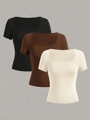 Set of 3 Women's Square Neck Short Sleeve T-Shirts Casual Sporty Polyester Black White Red