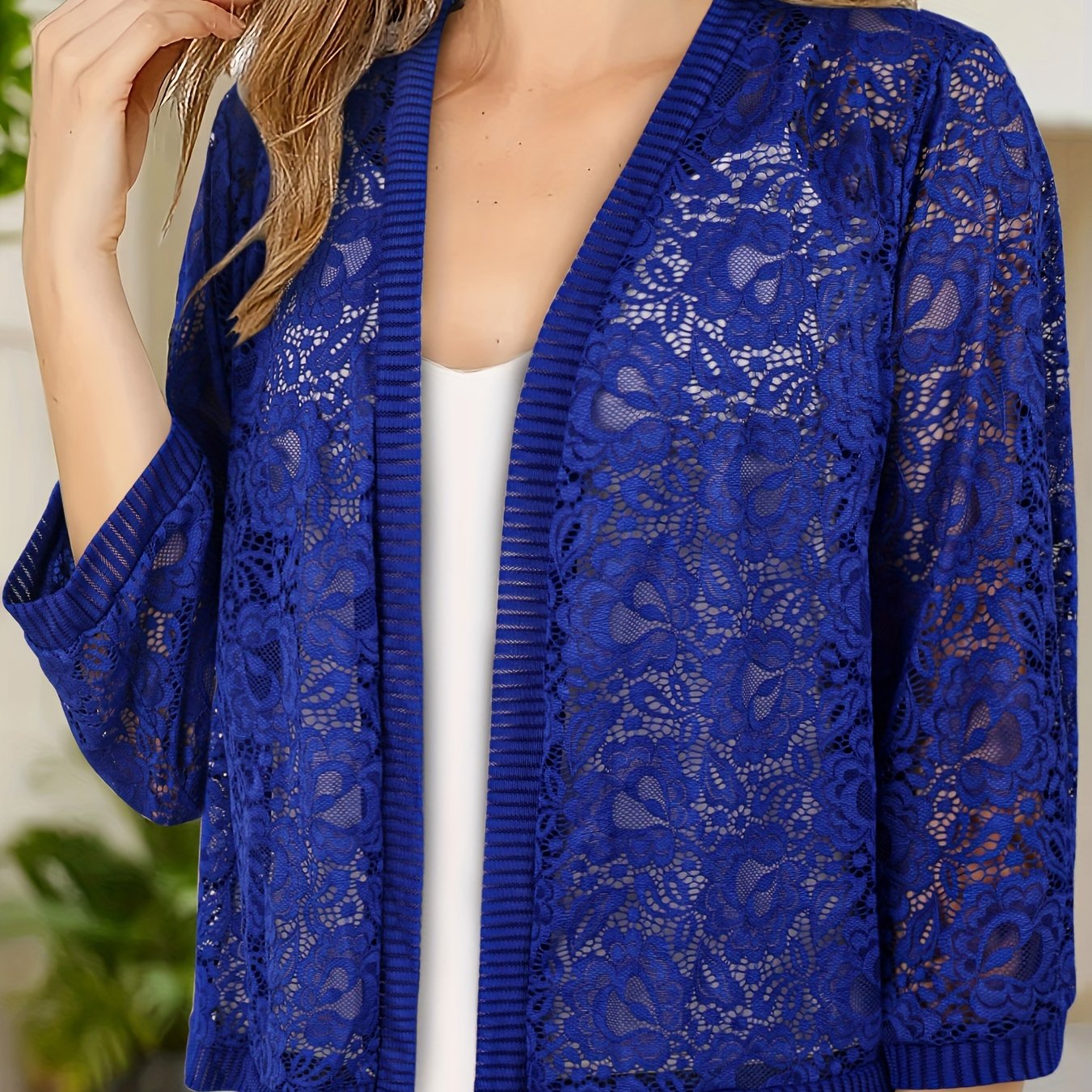 Plus Size Floral Lace Open Front Top Women's Long Sleeve Casual Spring Summer