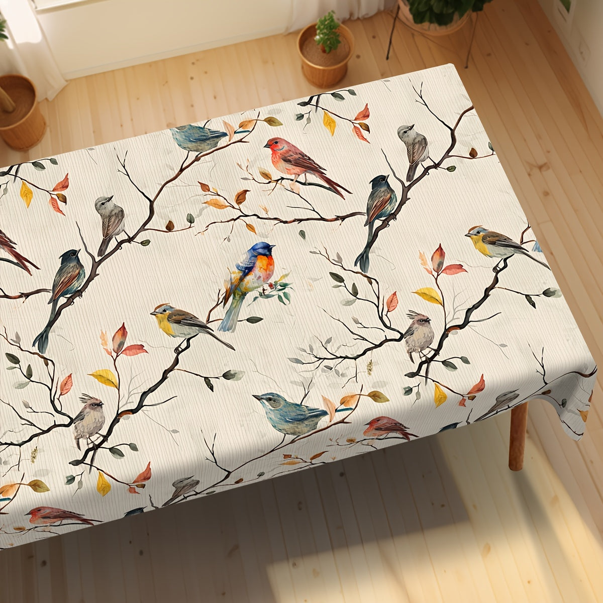 Floral and Bird Design Waterproof Polyester Tablecloth for Indoor and Outdoor Use