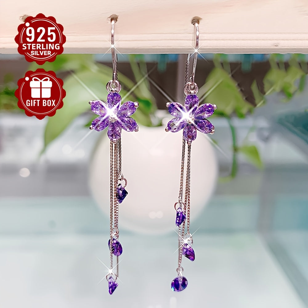 Sterling Silver Purple Flower Tassel Earrings for Women Elegant Jewelry Gift