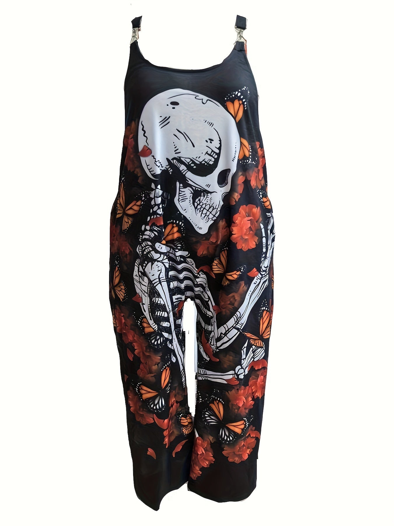 Plus Size Sleeveless Jumpsuit Floral Skull Print Wide Leg Casual Women