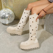 Women's Spring Ankle Boots Rubber Platform Slip-On Beige Star Embellishments