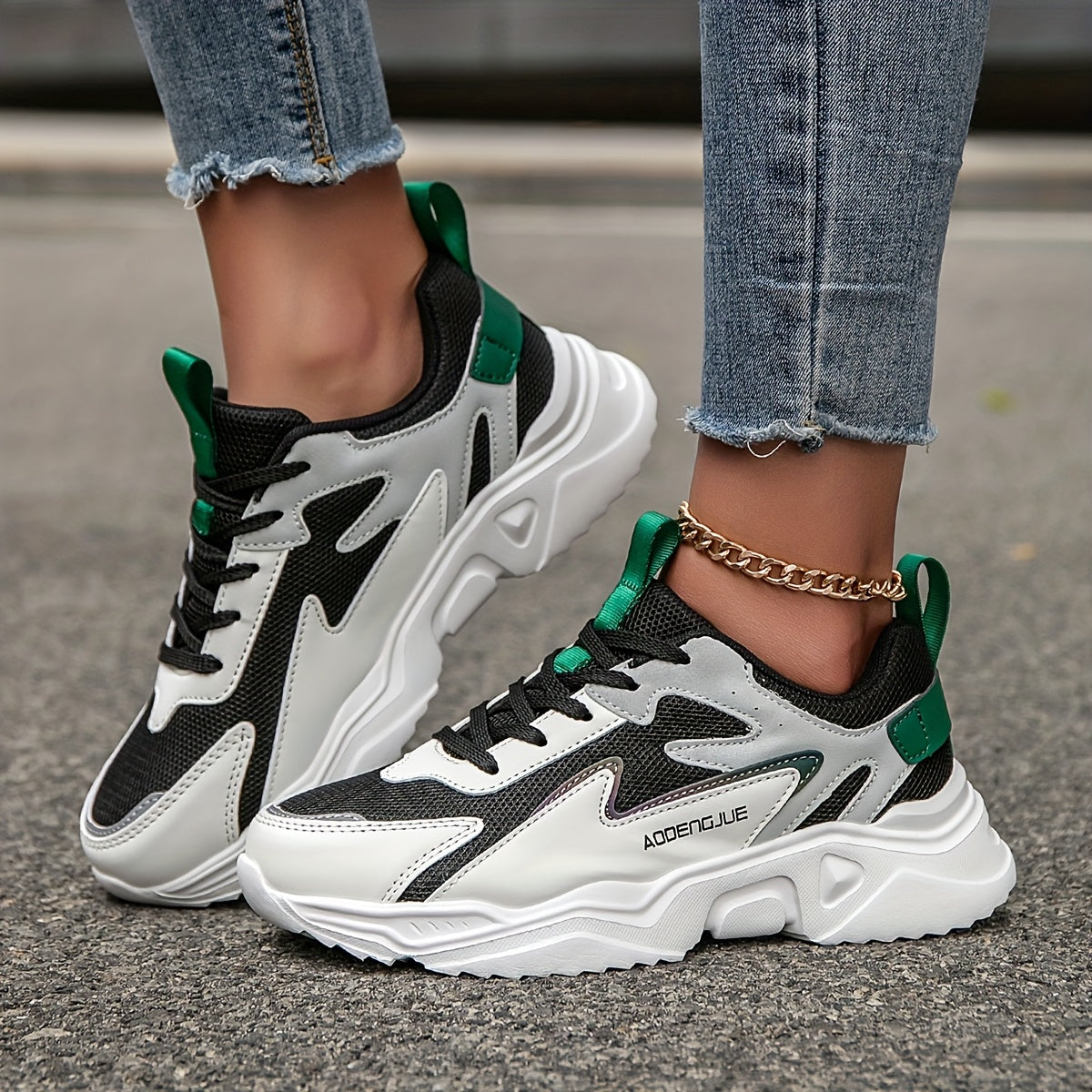 Women's Fashion Sneakers White Gray Patchwork Lace-Up Casual Shoes