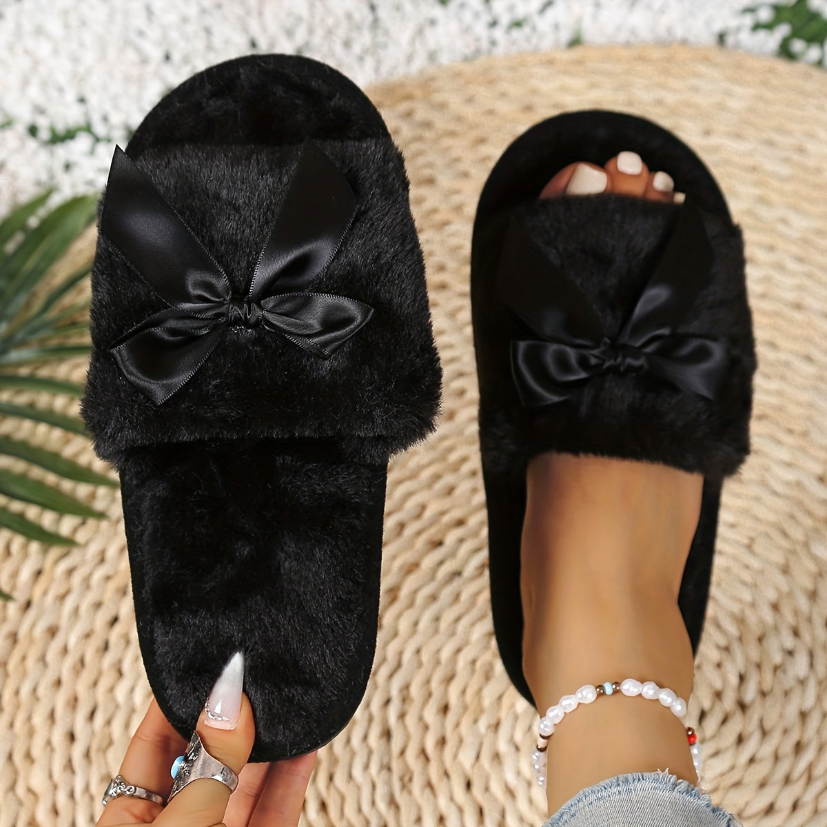 Women Plush Slippers Soft Faux Fur Bowknot All-Season Comfort