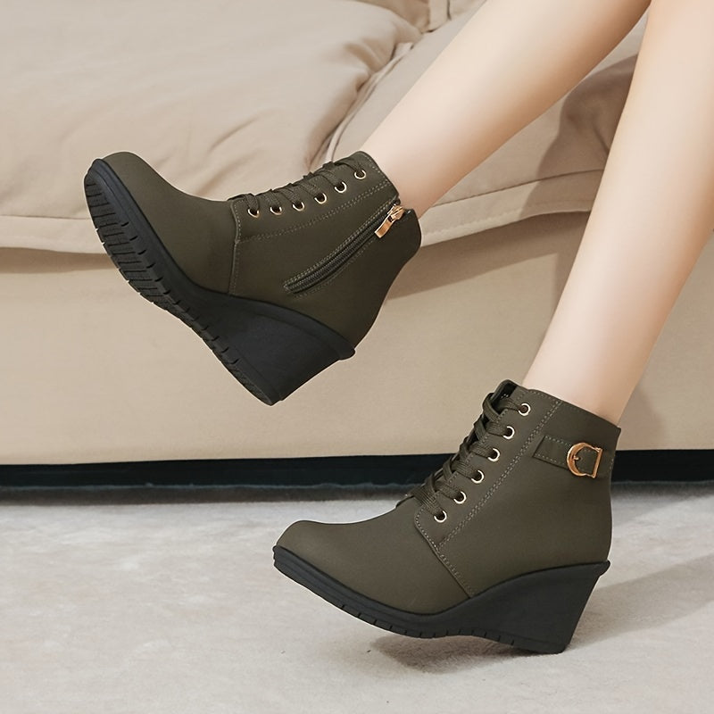 Women's Solid Color Round Toe Wedge Ankle Boots with Buckle Zipper