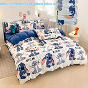 4-Piece Blue Polyester Stitch Cartoon Bedding Set Duvet Cover Flat Sheet Pillowcases for Teen Bedroom
