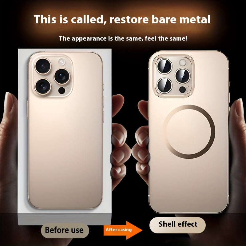 iPhone 16 Pro Max Case Stainless Steel Frame Magnetic Wireless Charging Frosted PC Back Cover