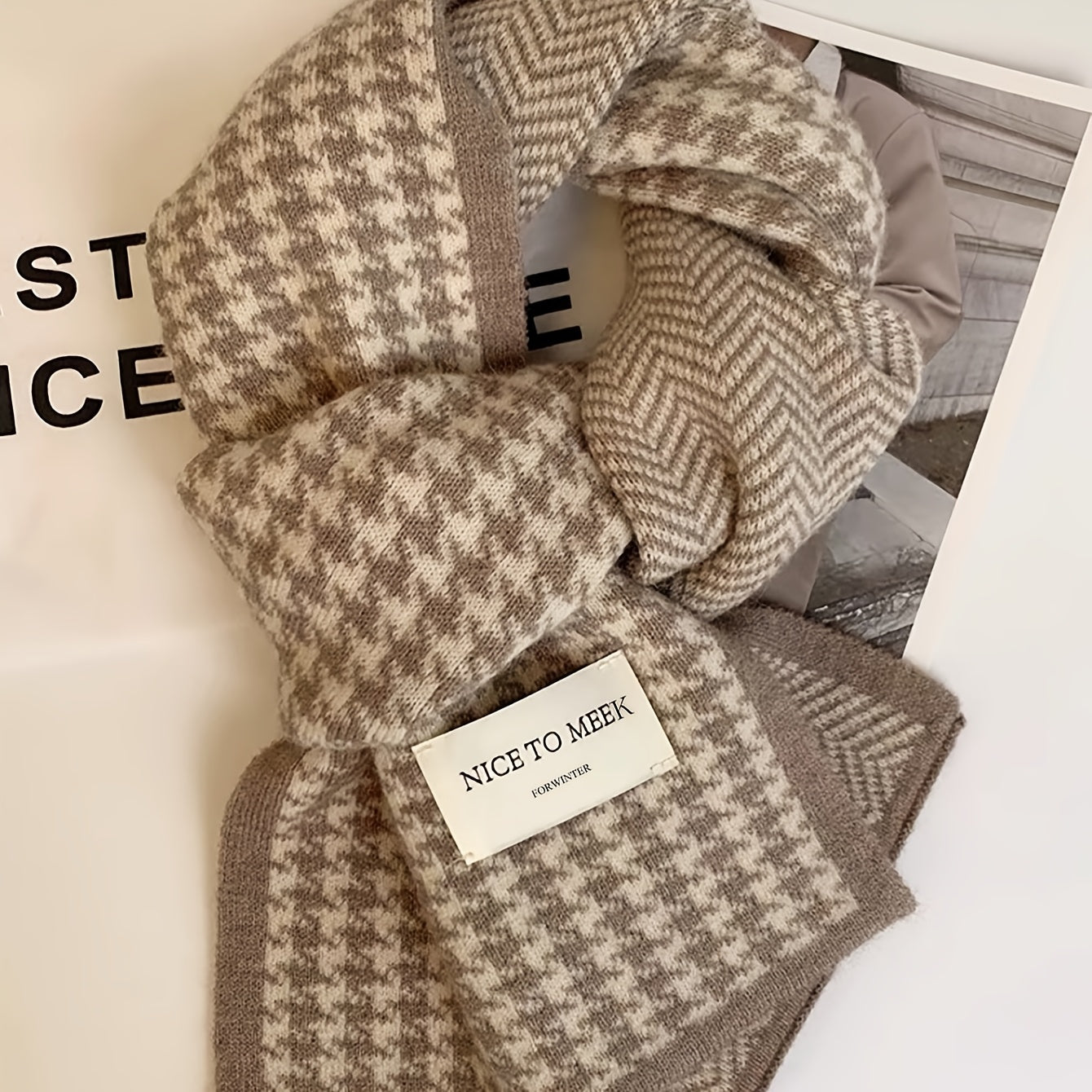 Women's Houndstooth Knit Scarf Warm Windproof Casual Accessory