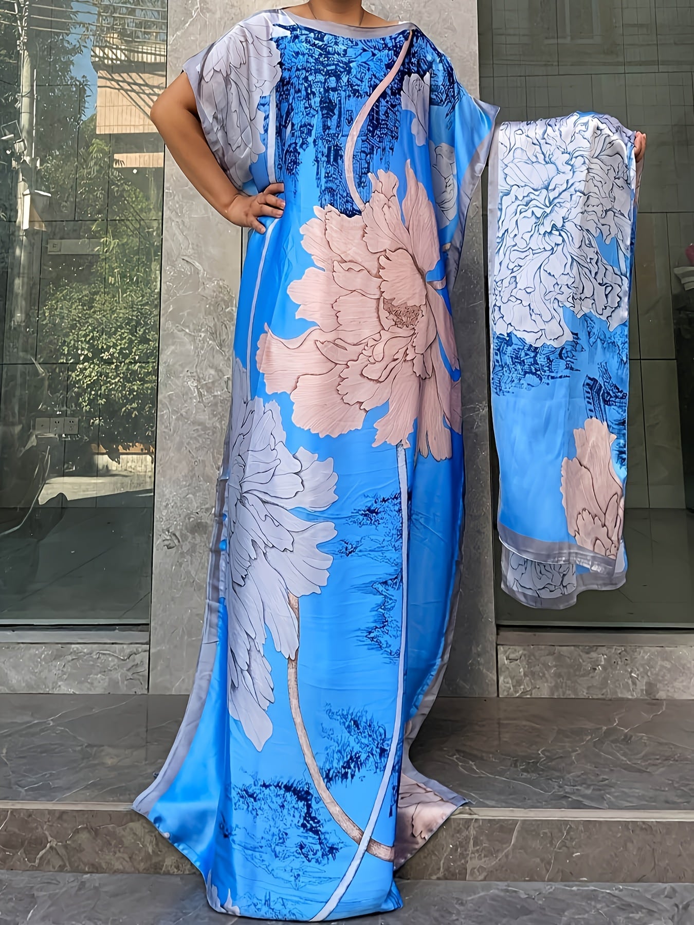 Plus Size Floral Dress Longline Short Sleeve Crew Neck Spring Summer