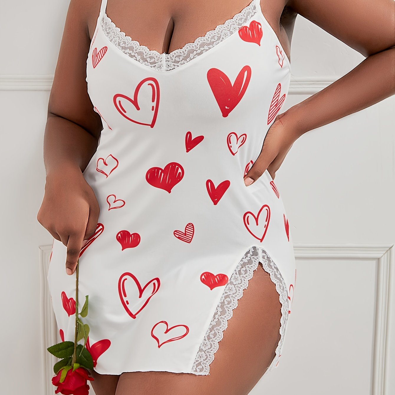 Plus Size Women's Nightdress Heart Print Lace Trim Sleep Dress