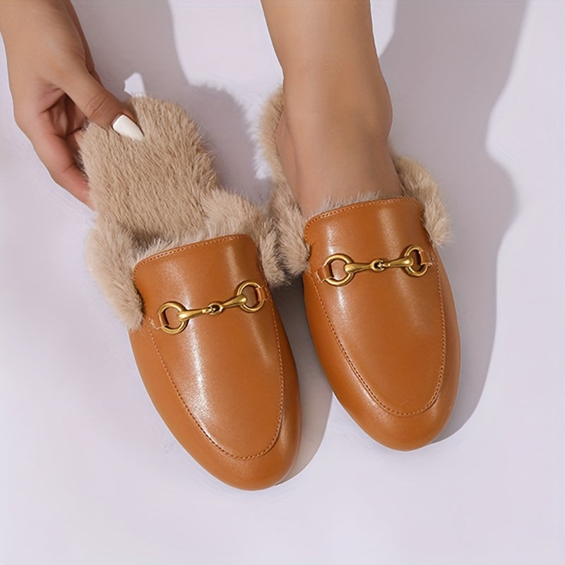 Women's Fluffy Plush Flats with Metallic Buckle Winter Warm Fleece Shoes