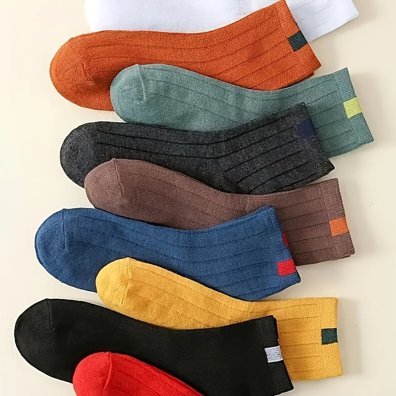 Men's and Women's Striped Mid-Calf Socks 10 Pairs Breathable Polyester Knit