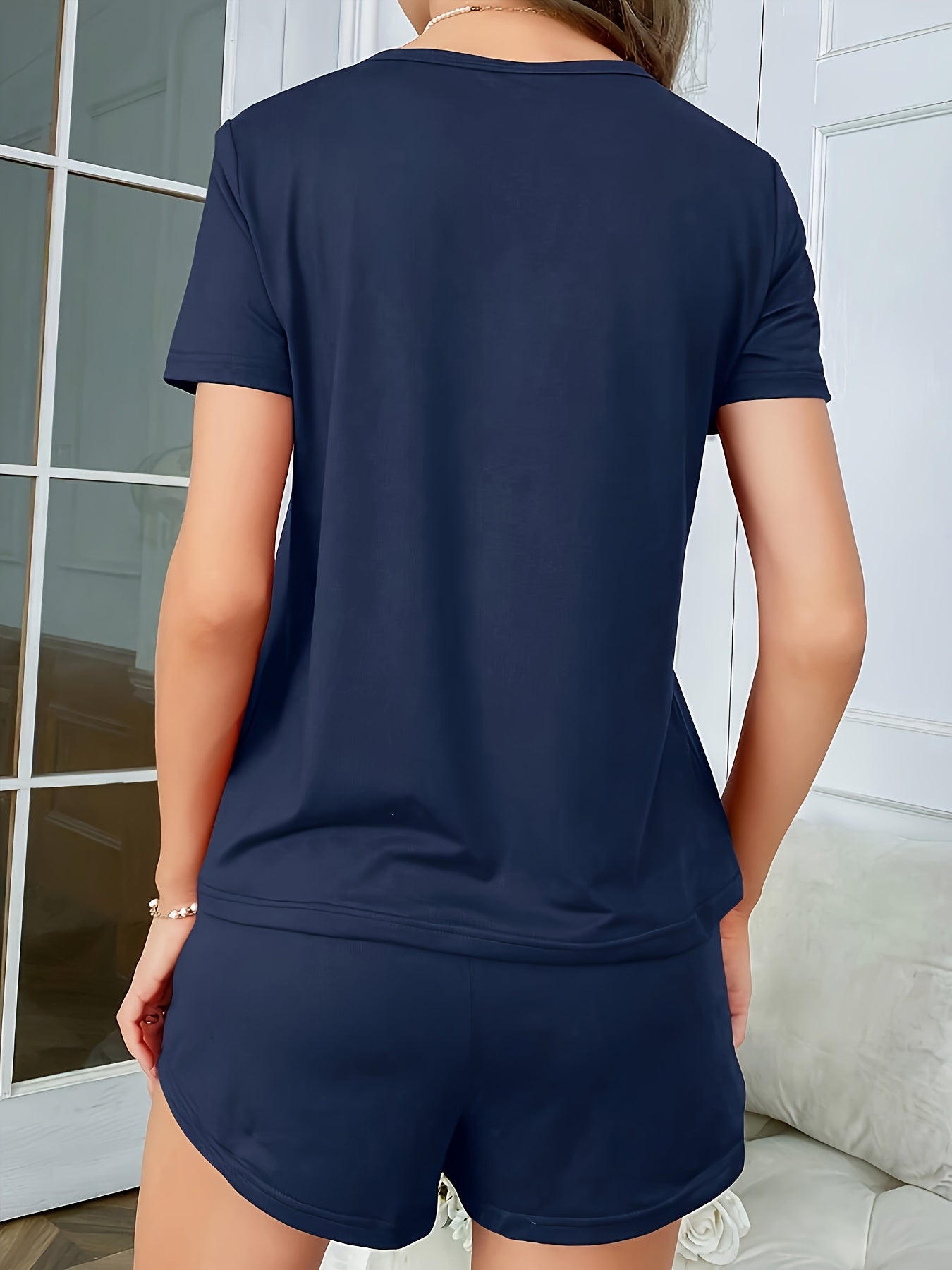 Women's Sleepwear Set with Sloth Print Short Sleeve Top and Elastic Shorts