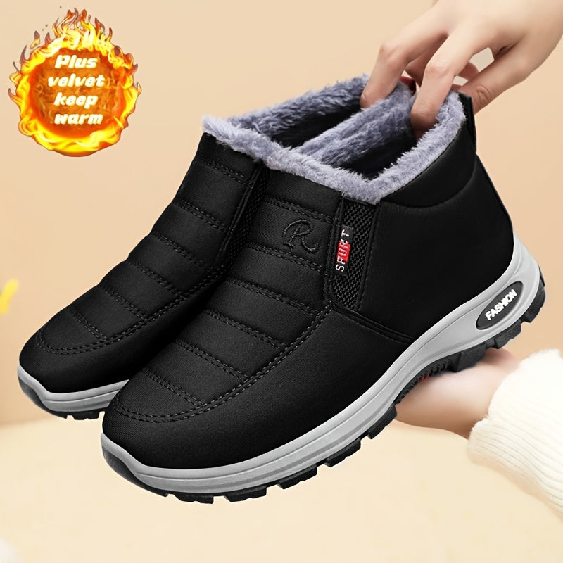 Women's Fleece-Lined Short Winter Boots Black Red Comfortable Outdoor Shoes