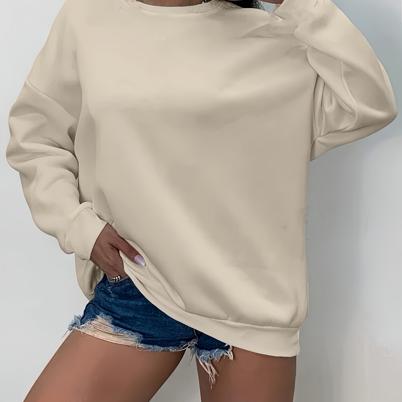 Plus Size Solid Sweatshirt Women’s Casual Long Sleeve Crew Neck Pullover
