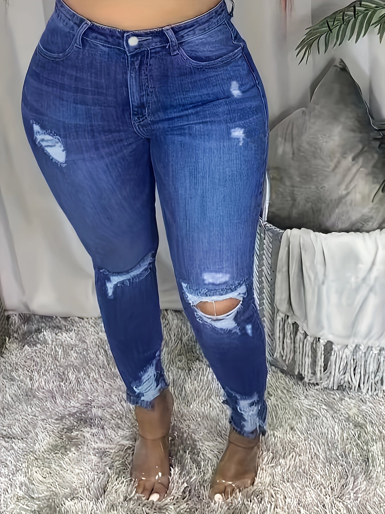 Women's High-Waisted Ripped Skinny Jeans with Stretch Denim in Solid Color