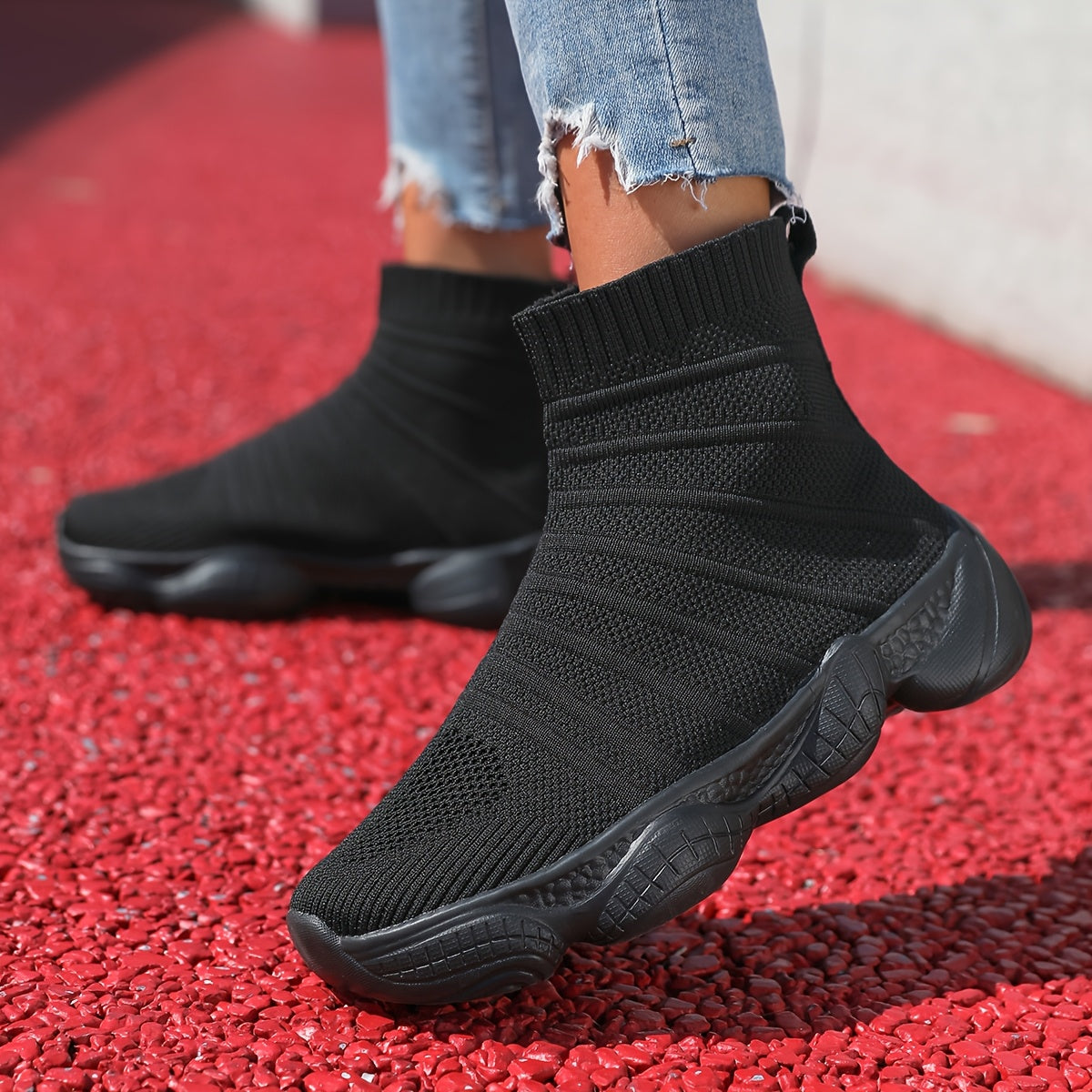 Women's Slip-On Platform Mid-Calf Boots Breathable Fabric All-Season Light Blue