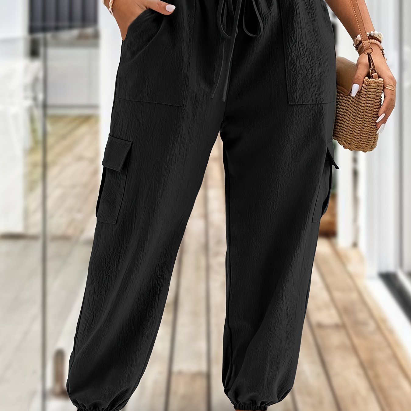 Plus-Size Women's Cargo Pants Soft Non-Stretch Fabric Elastic Waist Autumn Trousers