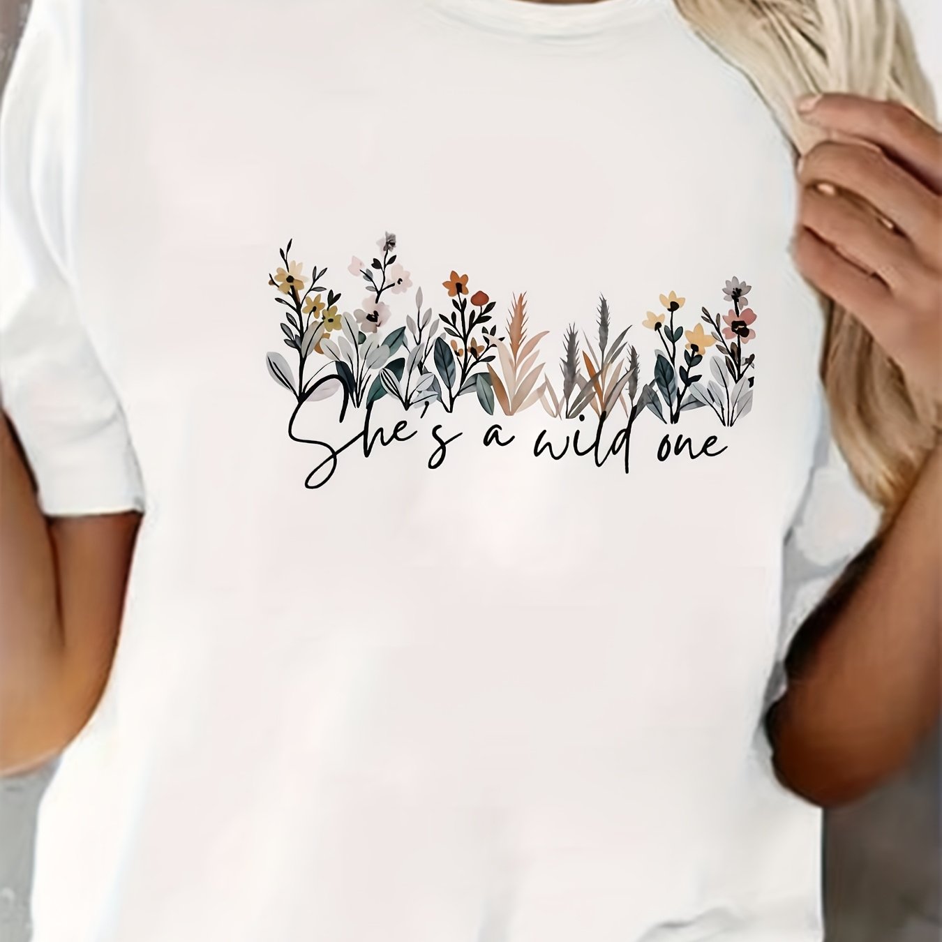 Women's Short Sleeve Floral T-Shirt with Blue Print and Text