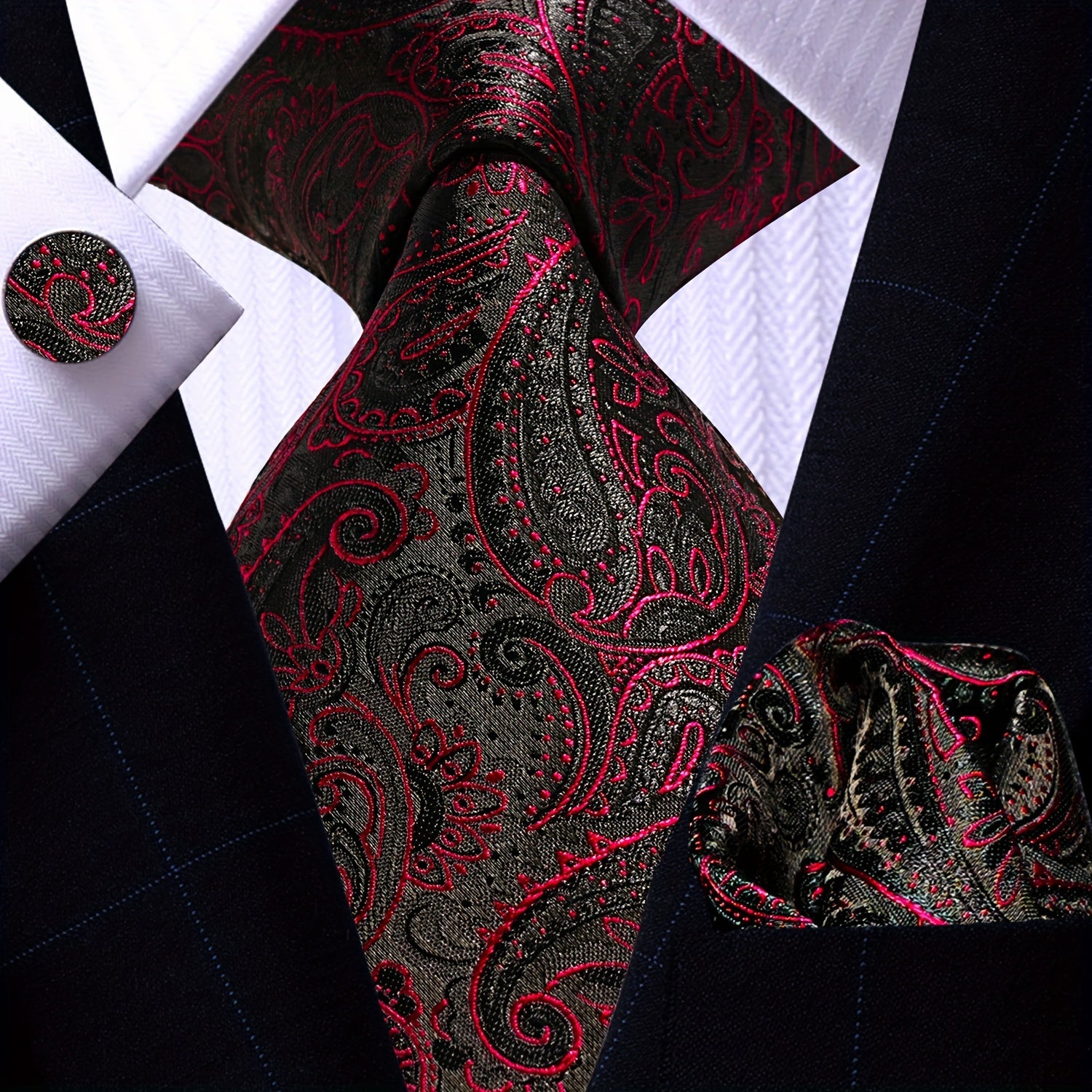 Men's Necktie Pocket Square Cufflinks Set for Wedding Business Party