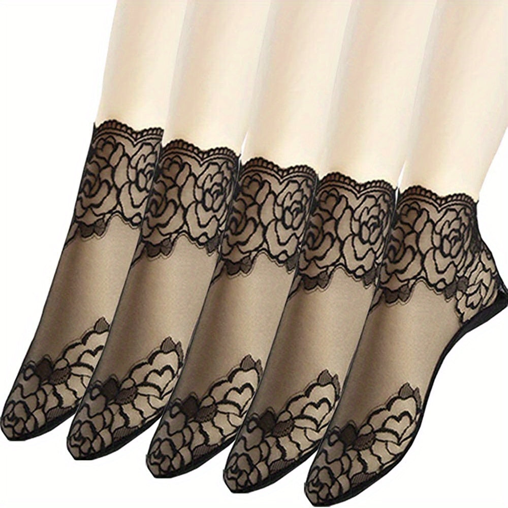 Women's Invisible Socks 5 Pairs Geometric Lace Floral Trim Polyester Spandex