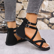 Women's Black Roman Cross Strap Platform Flat Sandals with Zipper