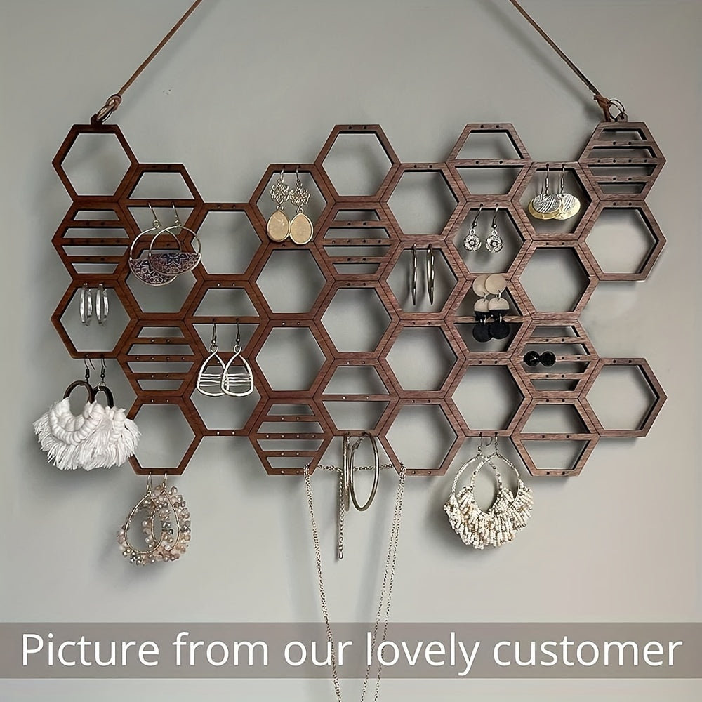 Wooden Jewelry Organizer Wall Mount Honeycomb Design Earring Necklace Display Rack