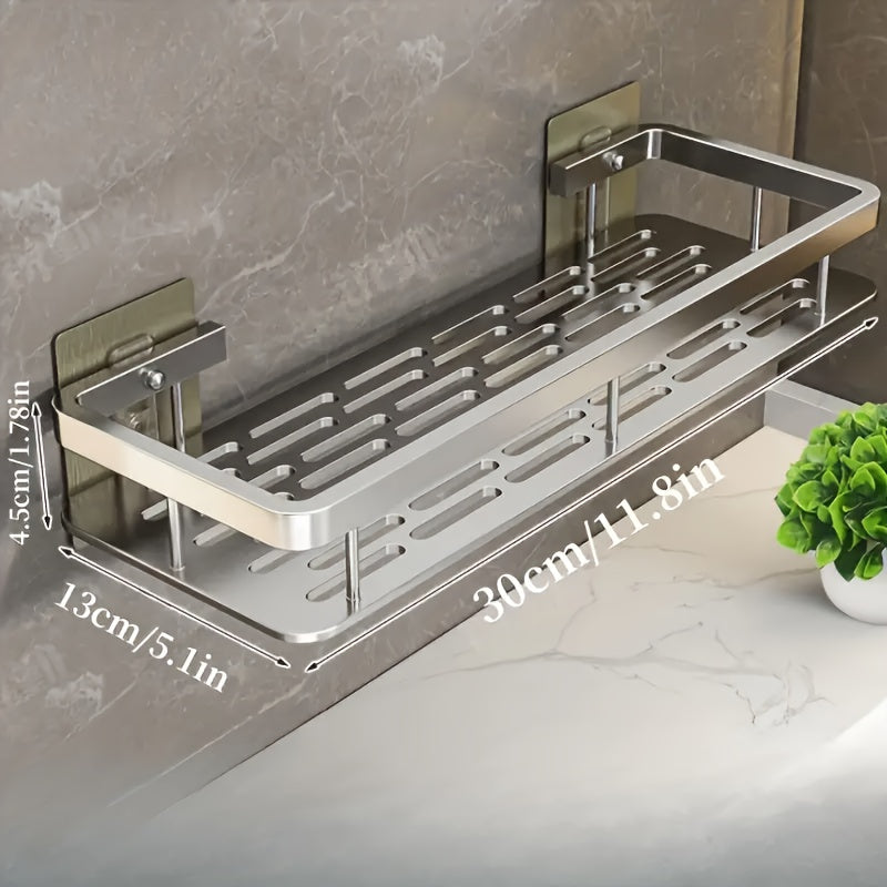 Wall-Mounted Bathroom Shelf Rack with Adhesive Shower Basket for Toiletries and Kitchen Storage