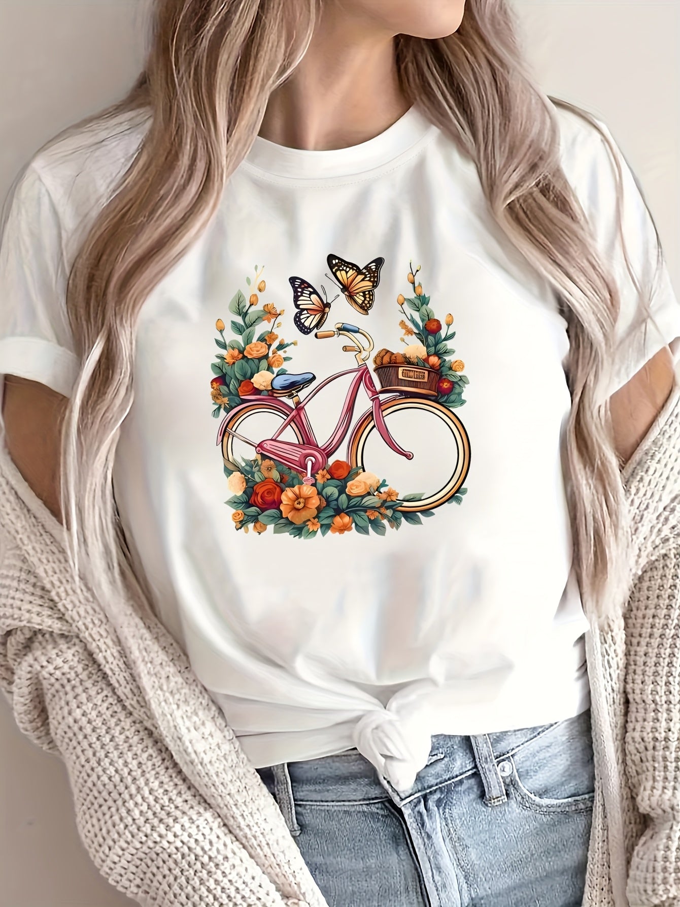 Women’s Floral Bicycle Print T-Shirt Casual Crew Neck Breathable Polyester Black