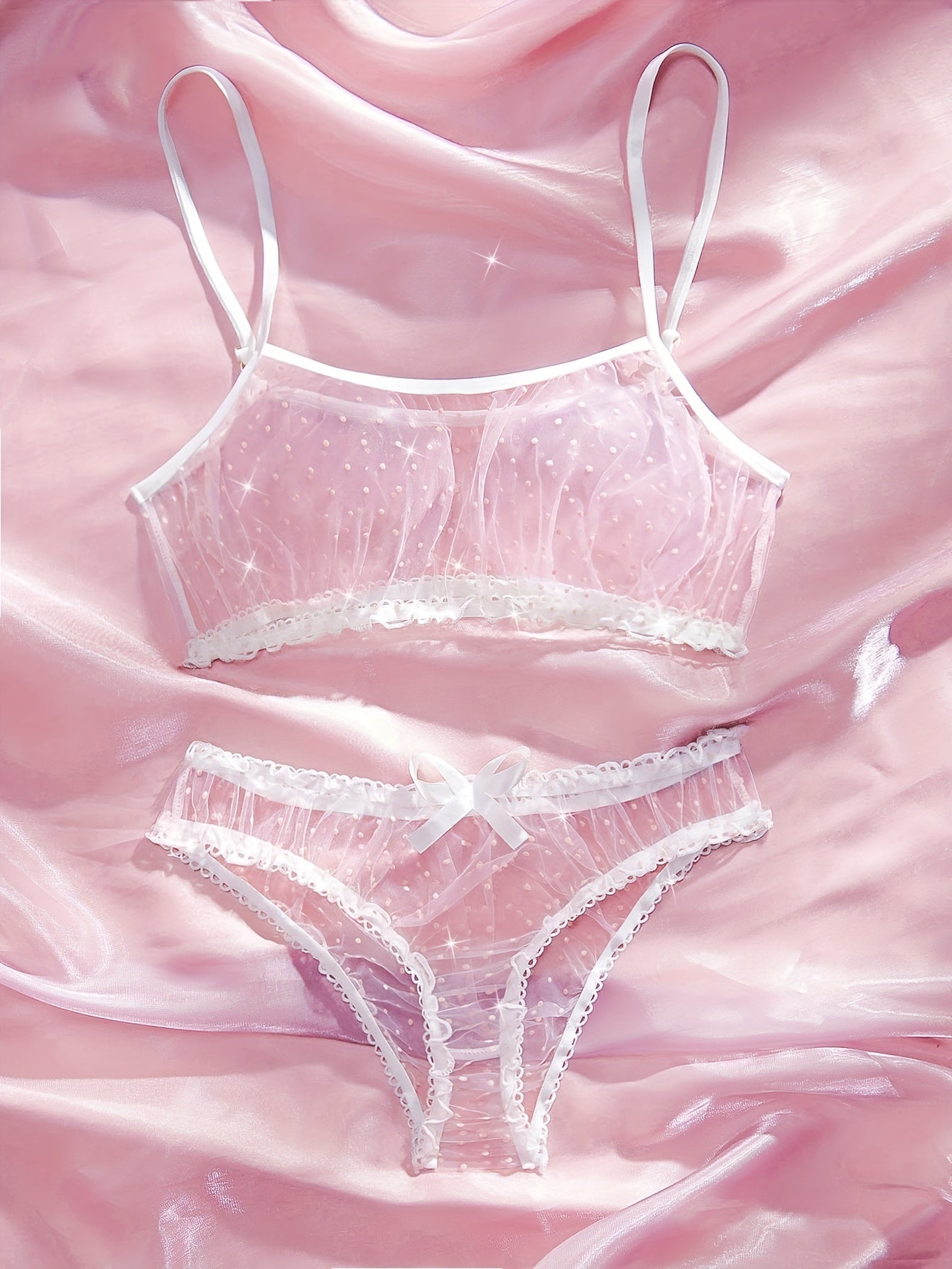 To‘qilgan mesh ichki kiyim to‘plami, nuqtali, ochiq ko‘krak va kamonli ichki kiyim.