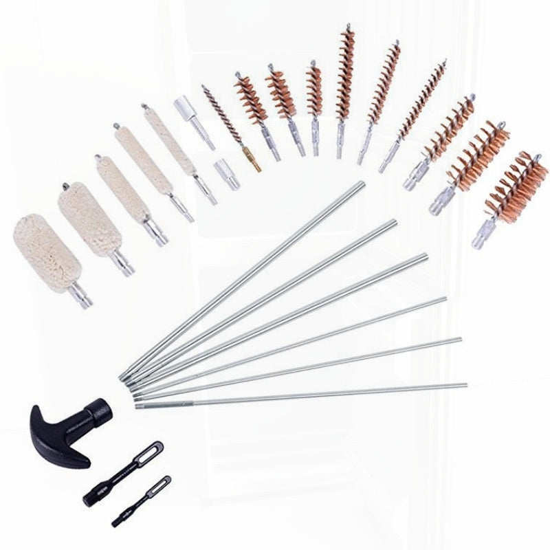 Ochiq havoda qurolni tozalash uchun to'plam, paxta cho'tkalar bilan, yog'och quti, alyuminiy quti bilan