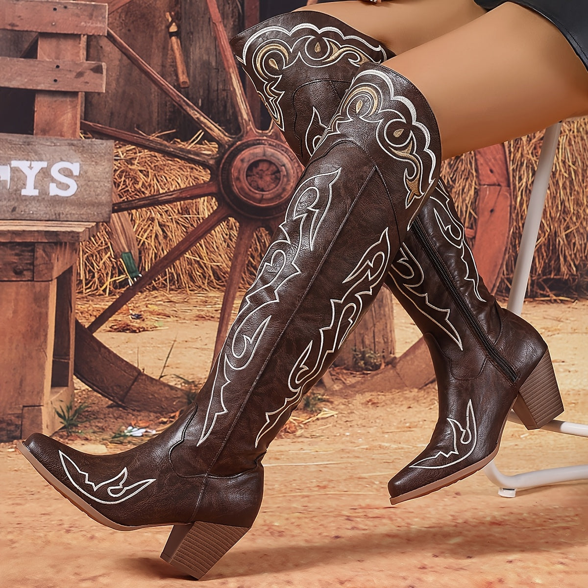 Женские западные сапоги выше колена с вышивкой, кофейный цвет, каблук-блок