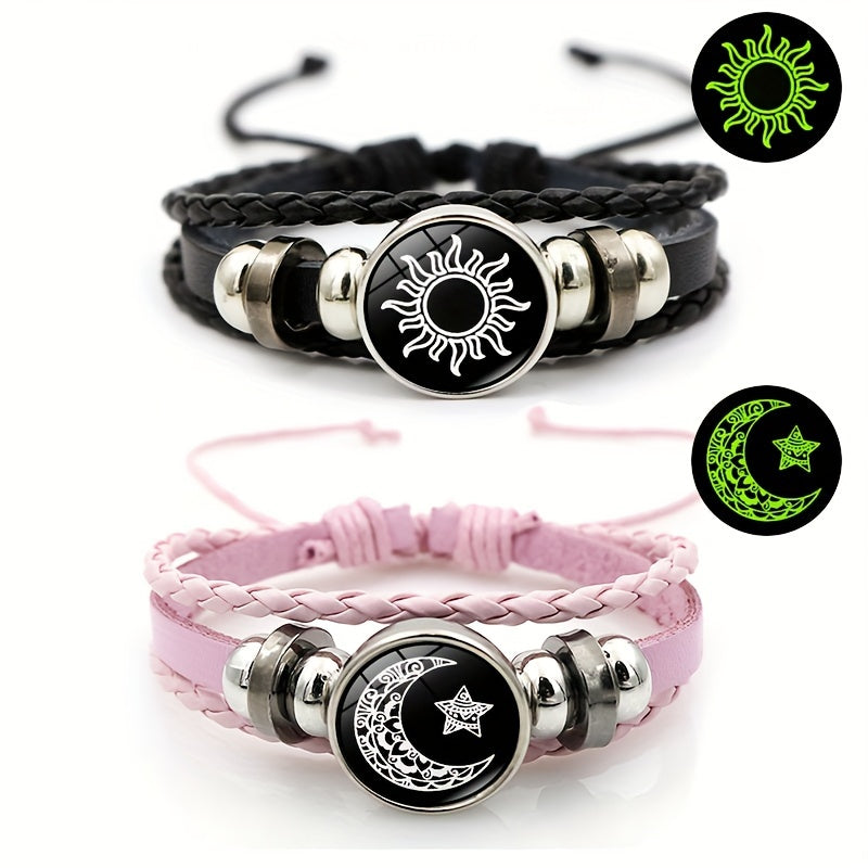 Set of 2 Luminous Sun Moon Lover Gemstone Bracelets for Women Men Beaded Leather