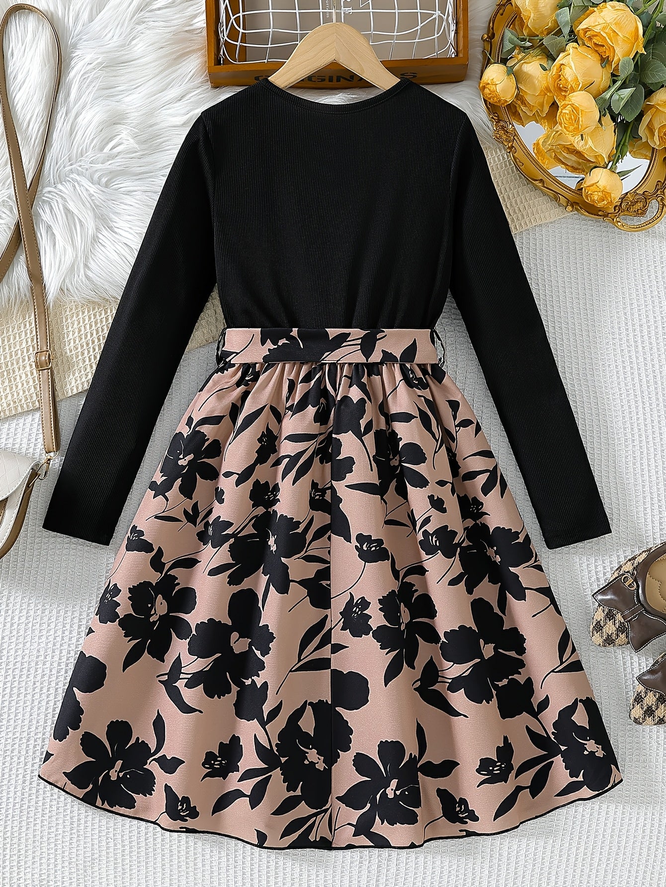 Girls Long Sleeve Dress with Belt for Spring and Fall Soft Stretch Fabric