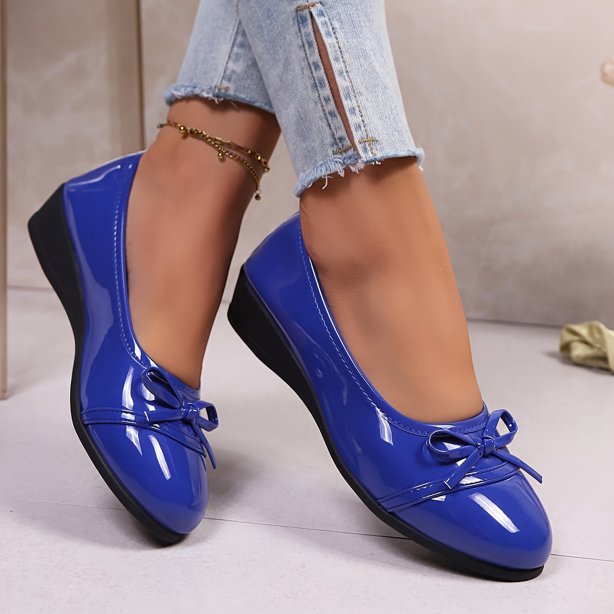 Women Loafers Glossy Black Synthetic Wedge Heel Casual Shoes