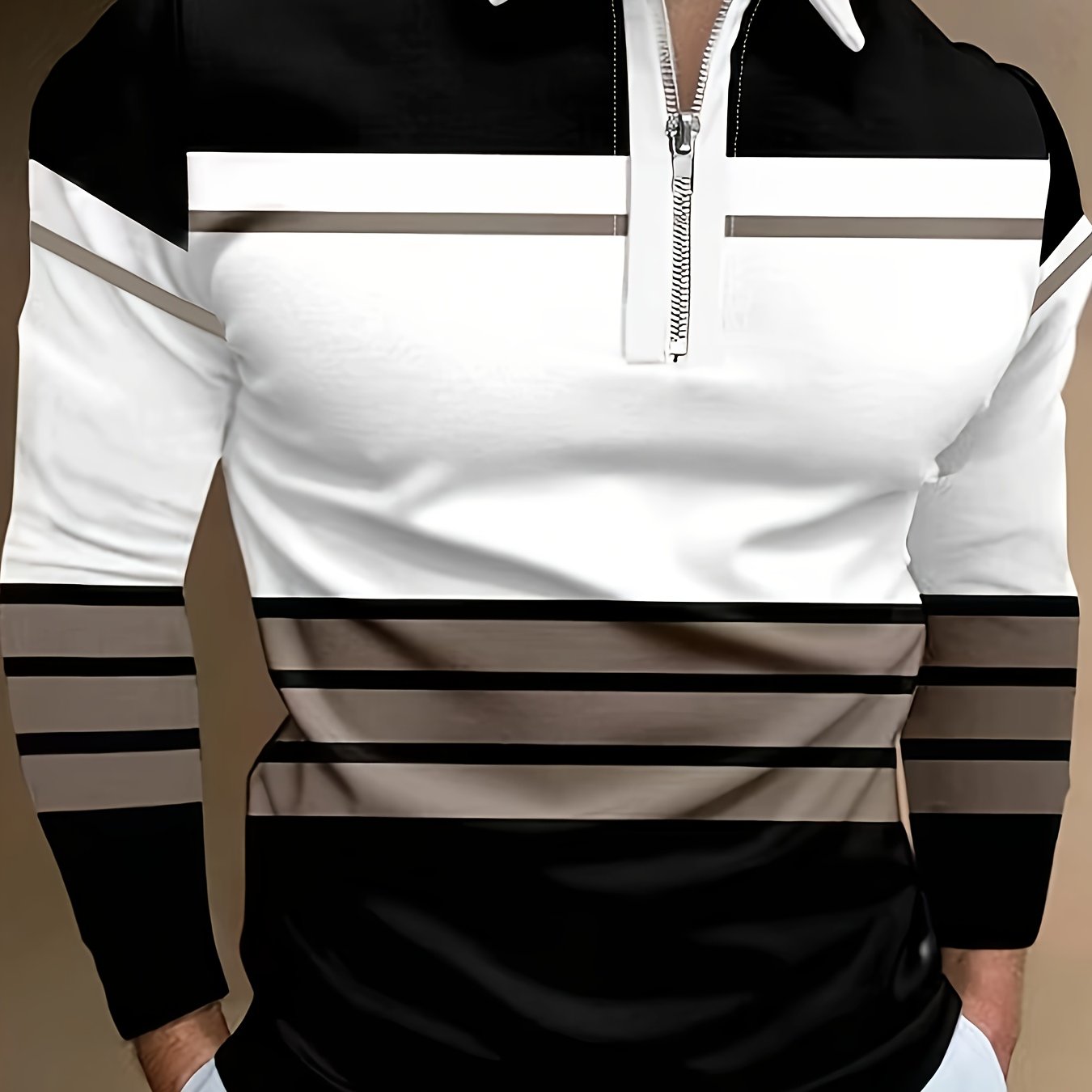 Men's Long-Sleeve Striped Polo Shirt with Zipper and Lapel Collar