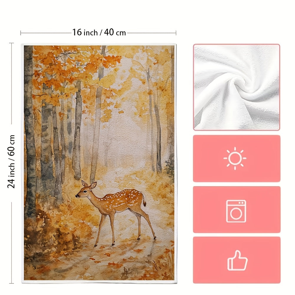 Set of 2 Soft Kitchen Towels with Forest and Deer Scene, Absorbent, 16x24 Inches