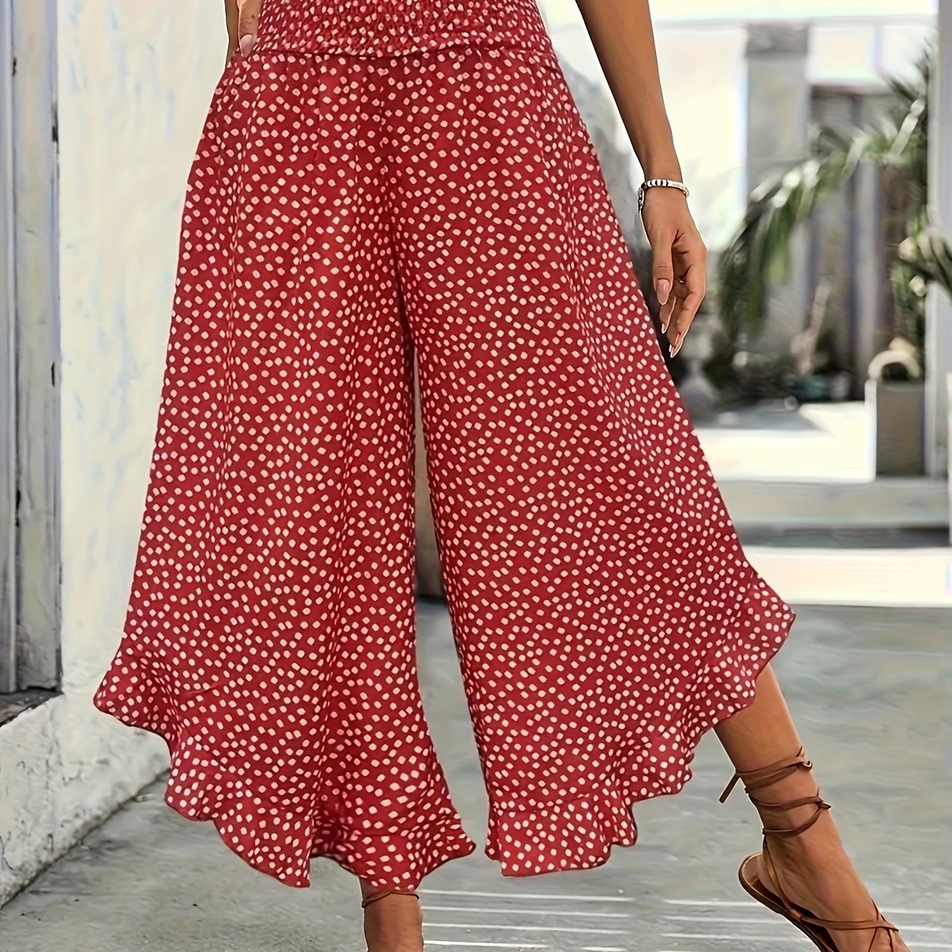 Women’s Summer Black Floral Wide-Leg Palazzo Pants Ruffle Detail Casual