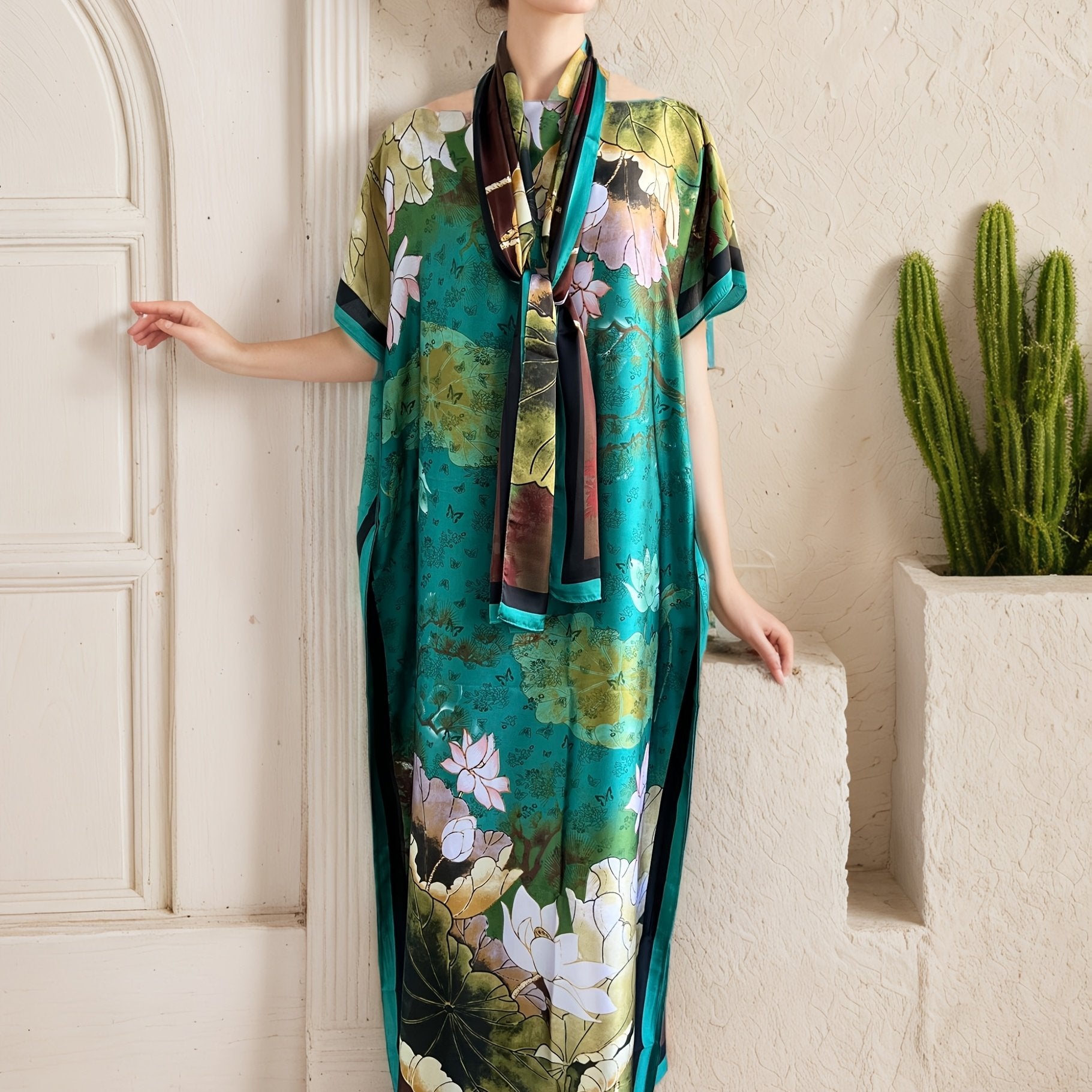 Plus Size Floral Print Maxi Dress With Scarf Loose Fit Short Sleeve All-Season