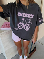 Camiseta gráfica de algodón para mujer talla grande, cherry print, top casual