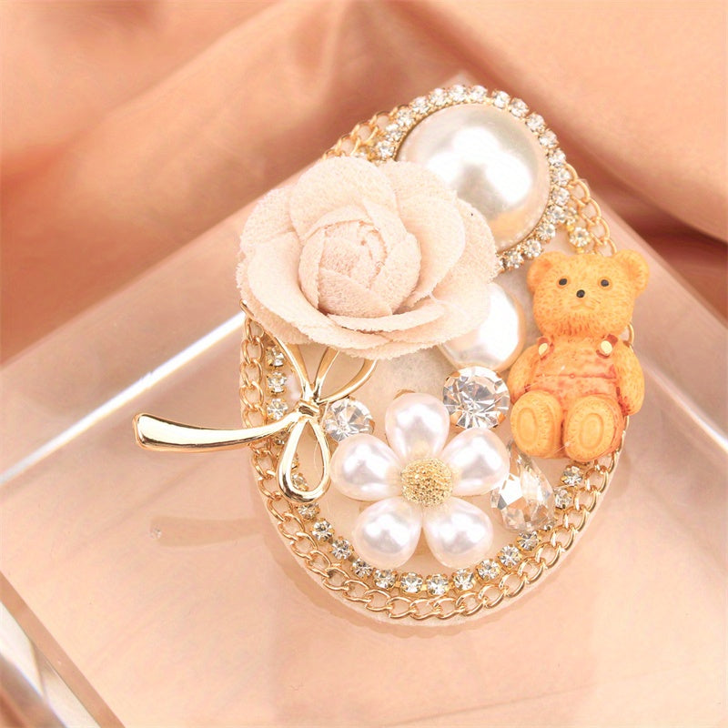 Rhinestone Bear and Flower Brooch for Clothing Bags Hats Elegant Jewelry