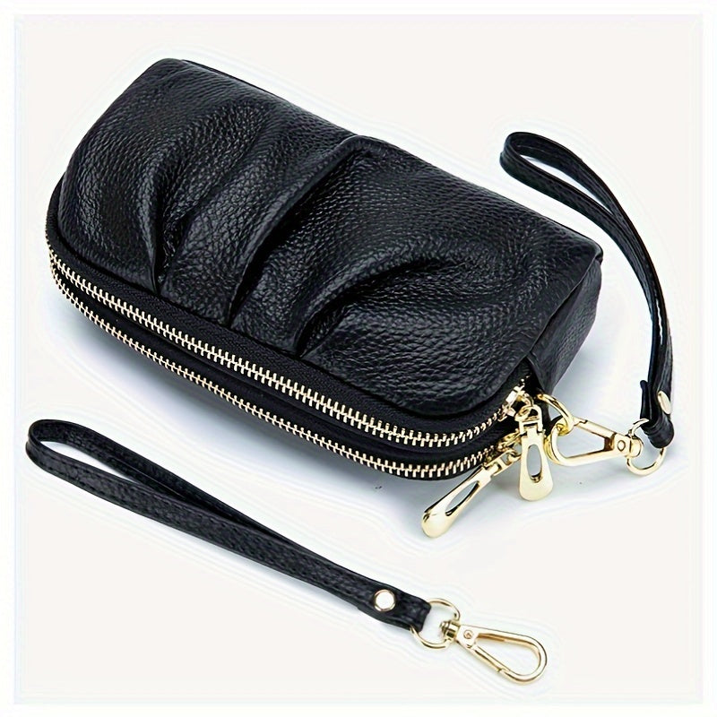 Genuine Leather Handheld Bag for Moms with Double Zipper Wallet and Mobile Case in Multiple Colors