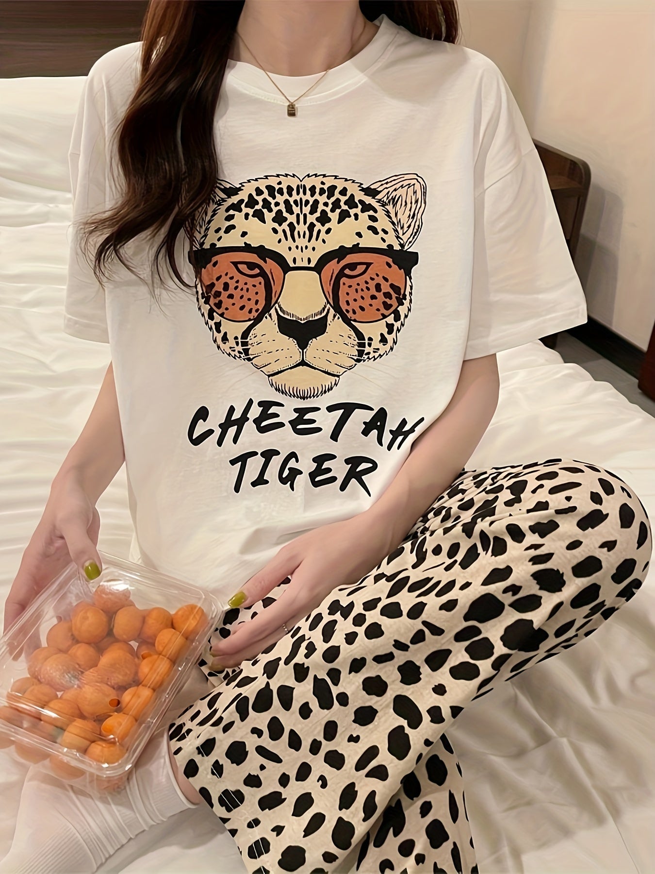 Women’s Leopard Print Pajama Set with Letter Print Short Sleeve Top and Long Pants
