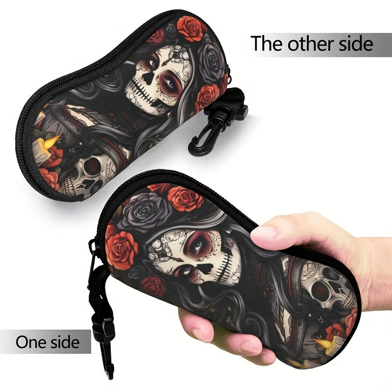 Ultra-Light Sugar Skull Glasses Case with Zipper Durable Rubber Eyewear Protector for Men and Women
