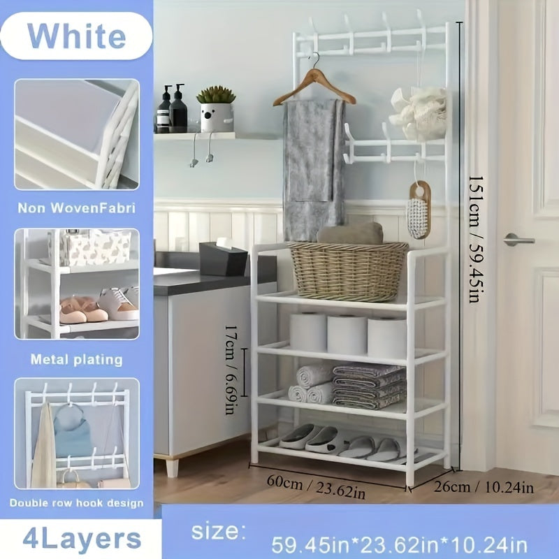 Black Metal Entryway Organizer Coat Rack with Hooks and Shoe Shelves 152.4cm