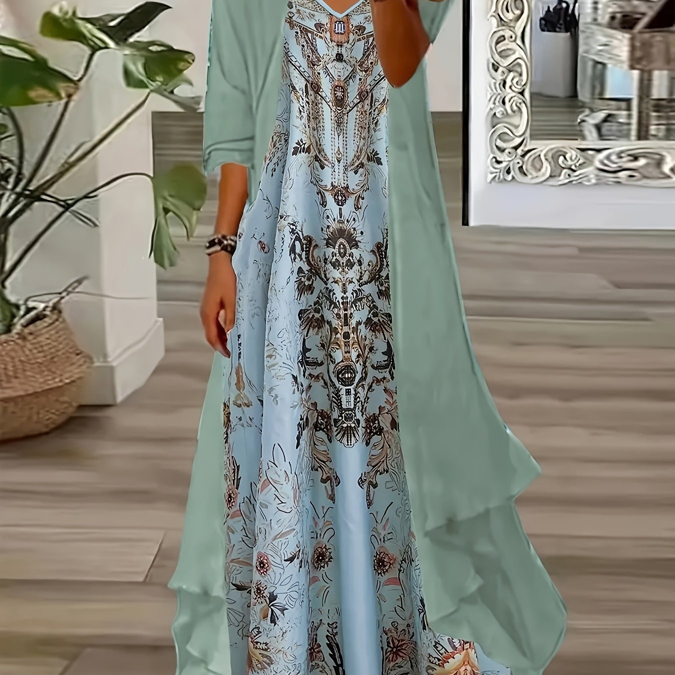 Vintage Floral Printed Short Sleeve Dress with Pleats and Fake Two-Piece Design