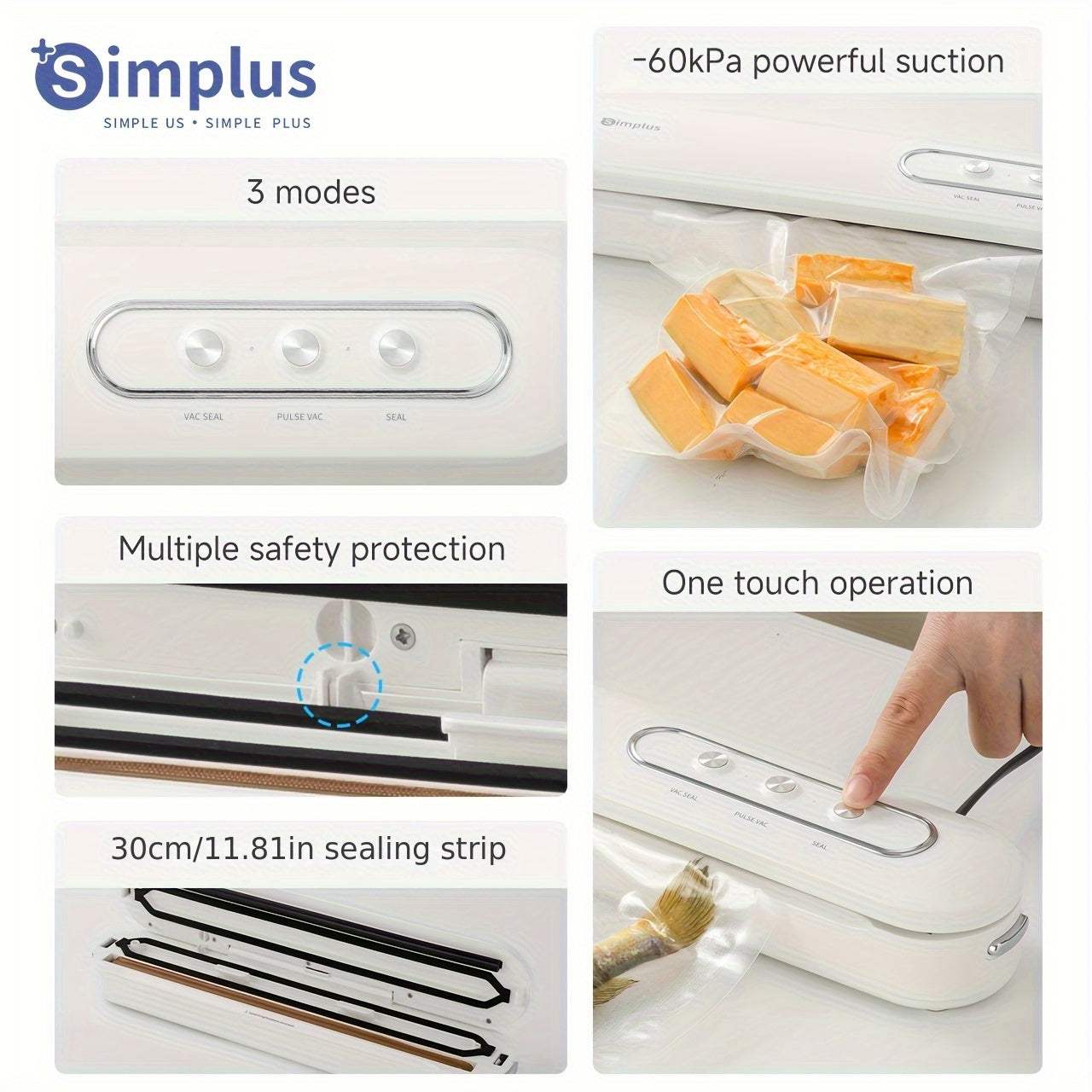 Simplus 1 dona Portativ Avtomatik Havo chiqaruvchi Mashina, 3 Ta Rejim bilan, 60kPa Kuchli Suvish, 6X Yangiqlikni Oshirish, 29.97cm Yopish Lentasi, Bir Bosing bilan Ishlash, Yoqimli Qoplamalar, Ikki tomonlama qulflash - Ideal